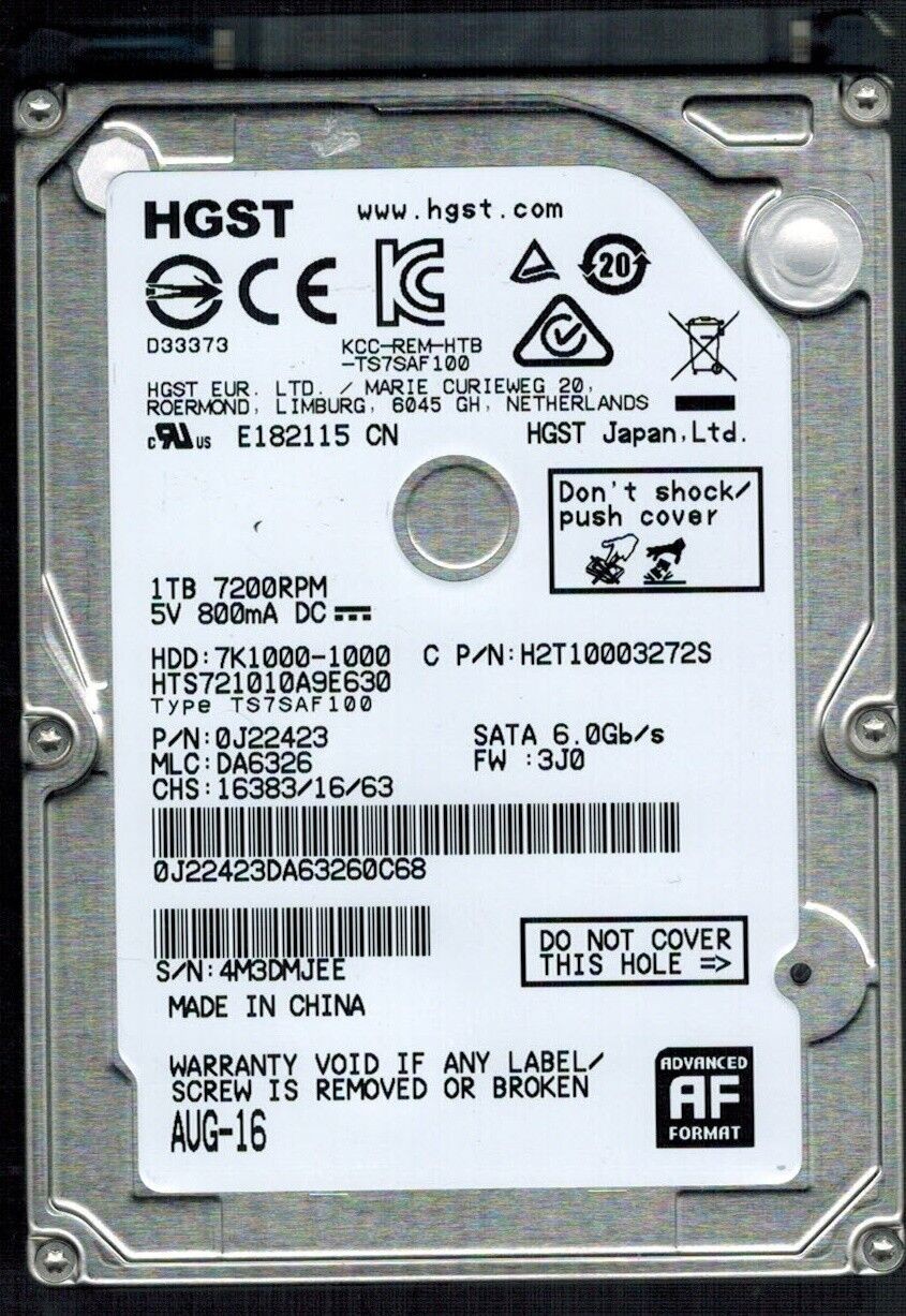 HTS721010A9E630 P/N: 0J22423 MLC: DA6326 CHINA AUG 2016 HGST 1TB