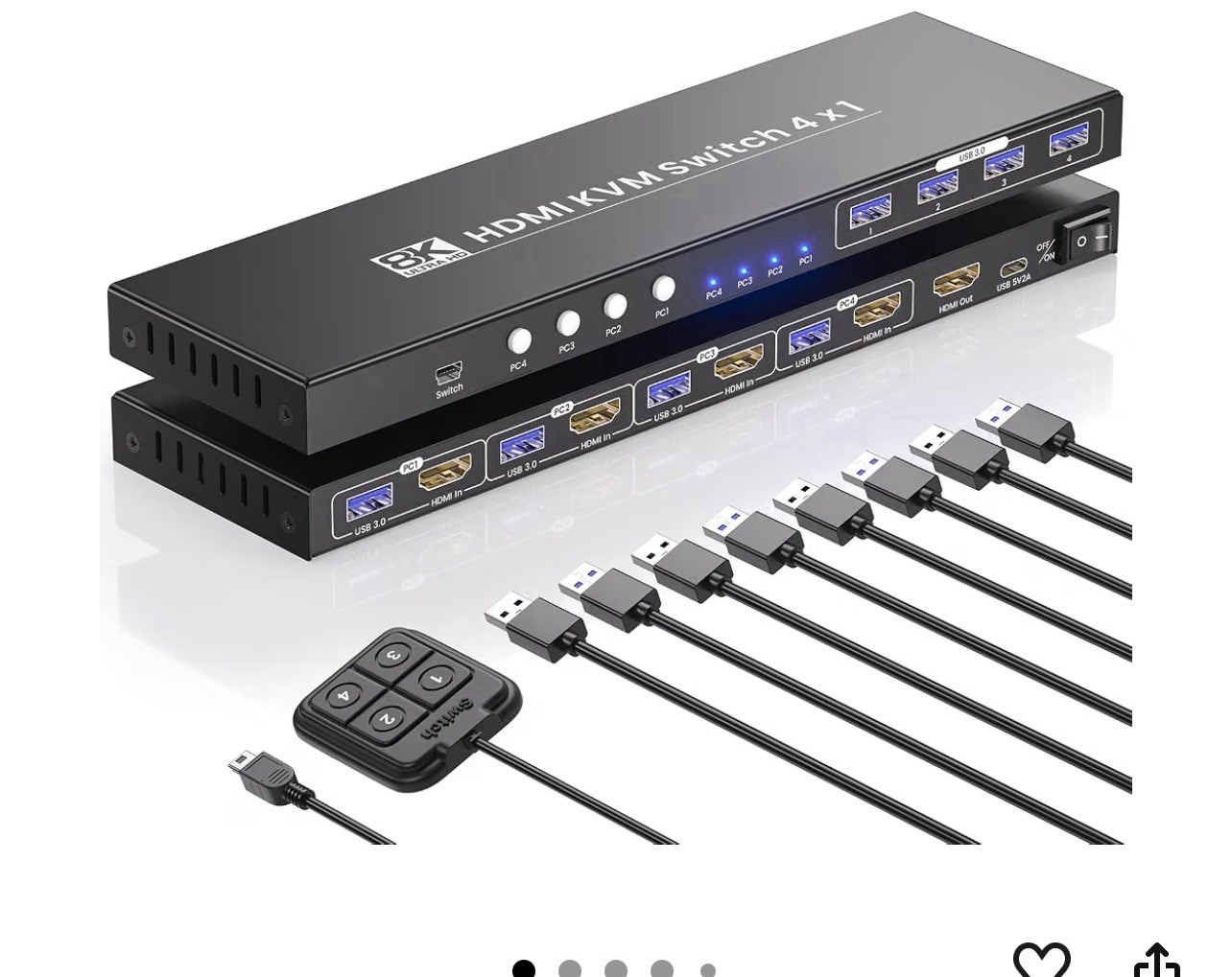 4 Port HDMI KVM Switch 1 Monitor 4 Computers, 8K60Hz 4K120Hz USB 3.0 KVM Swit...