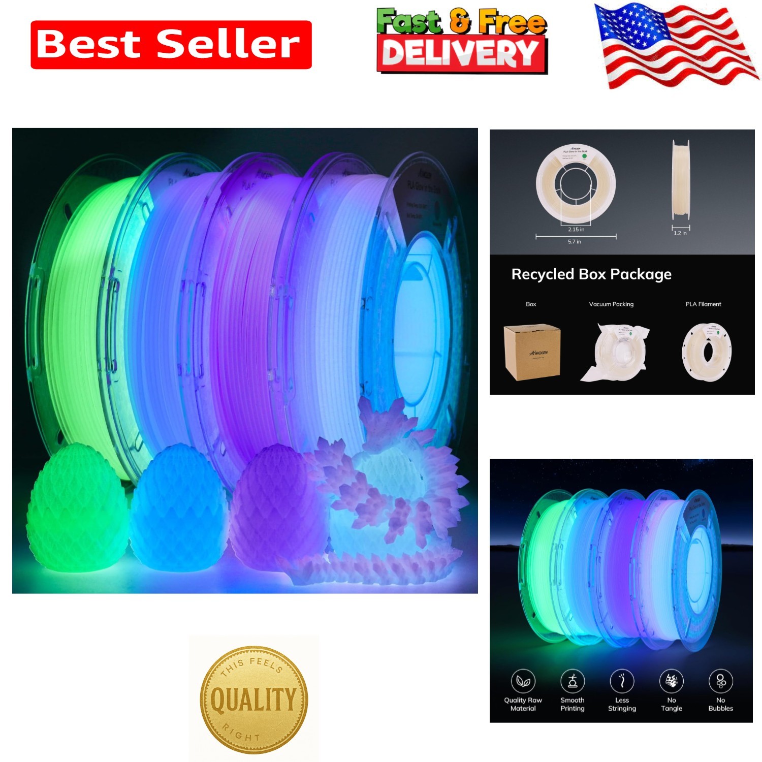 Vibrant Glow-in-the-Dark 3D PLA Filament 200g x 4 - Child-Friendly Creativity