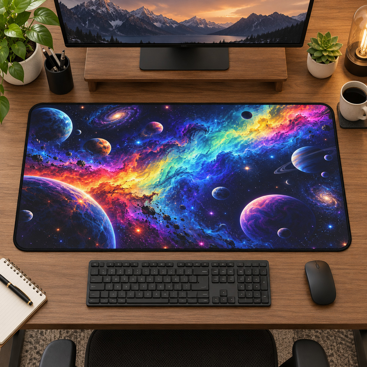 Galaxy Desk Mat & Mouse Pad, Colorful Space Gaming Desk Decor