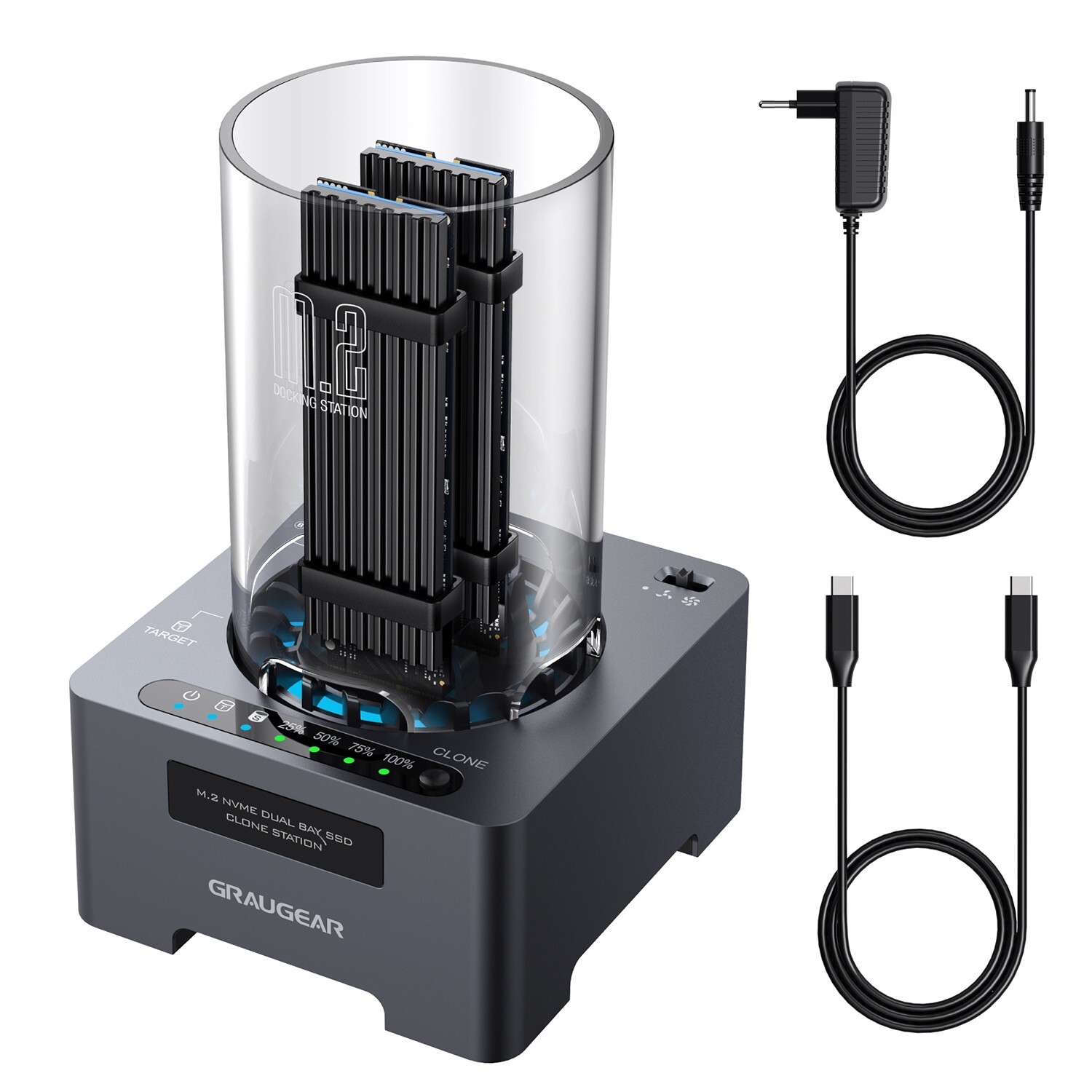 Clone Station Docking Station for 2x M.2 NVMe SSDs, Stand-alone Cloning, 20Gbps