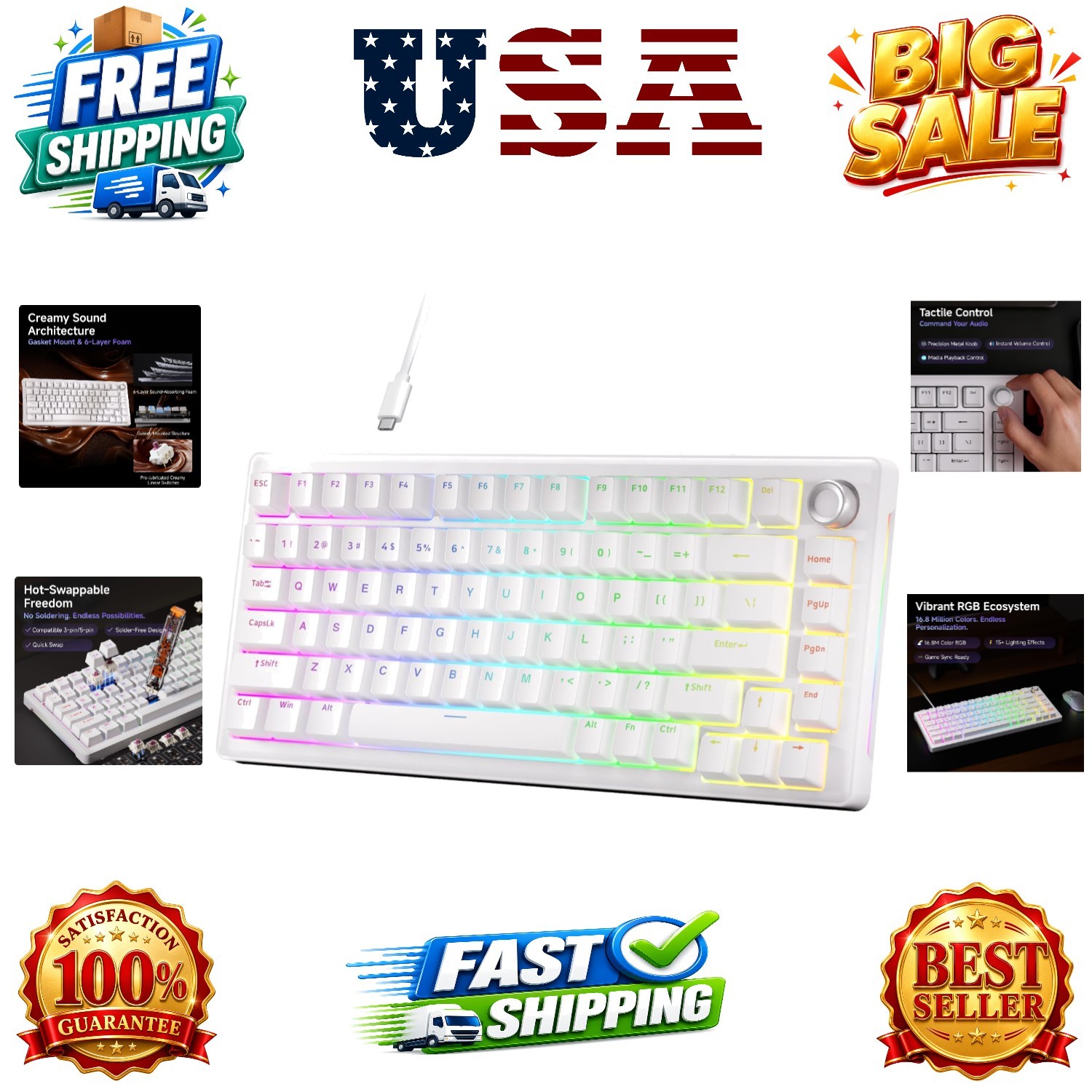 DK81E 75% Mechanical Gaming Keyboard, Hot-Swappable, Wired, White | Gasket Mo...