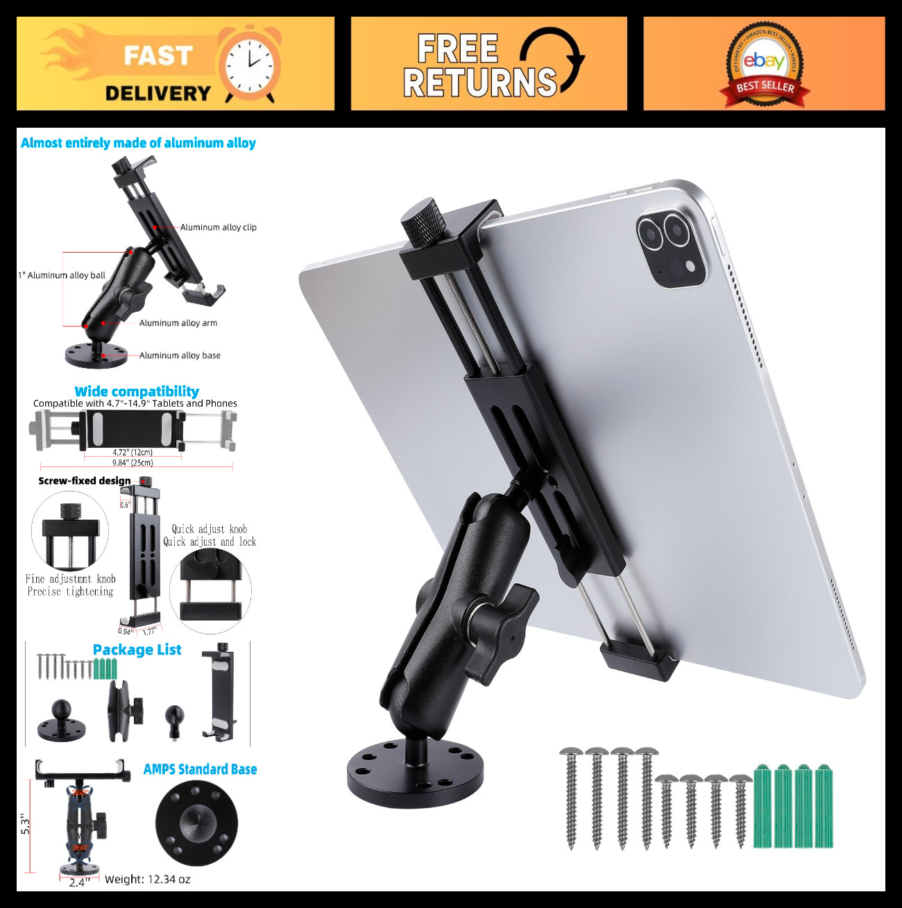 All-Aluminum Car Tablet Holder with Heavy Duty Drill Base