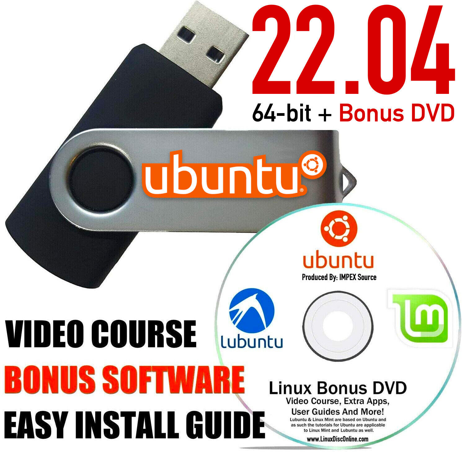 Ubuntu Linux 22.04 Jammy Jellyfish Linux USB 16 GB With BONUS DVD Disc