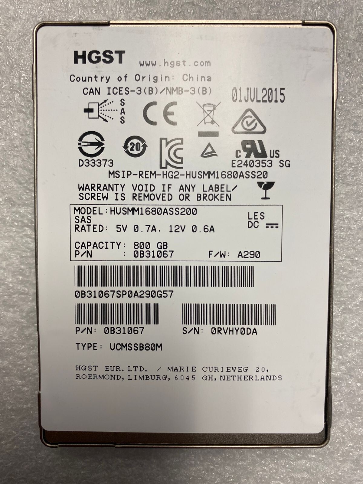 HGST 800GB 12g SAS SSD Drive husmm1680ass200 12g