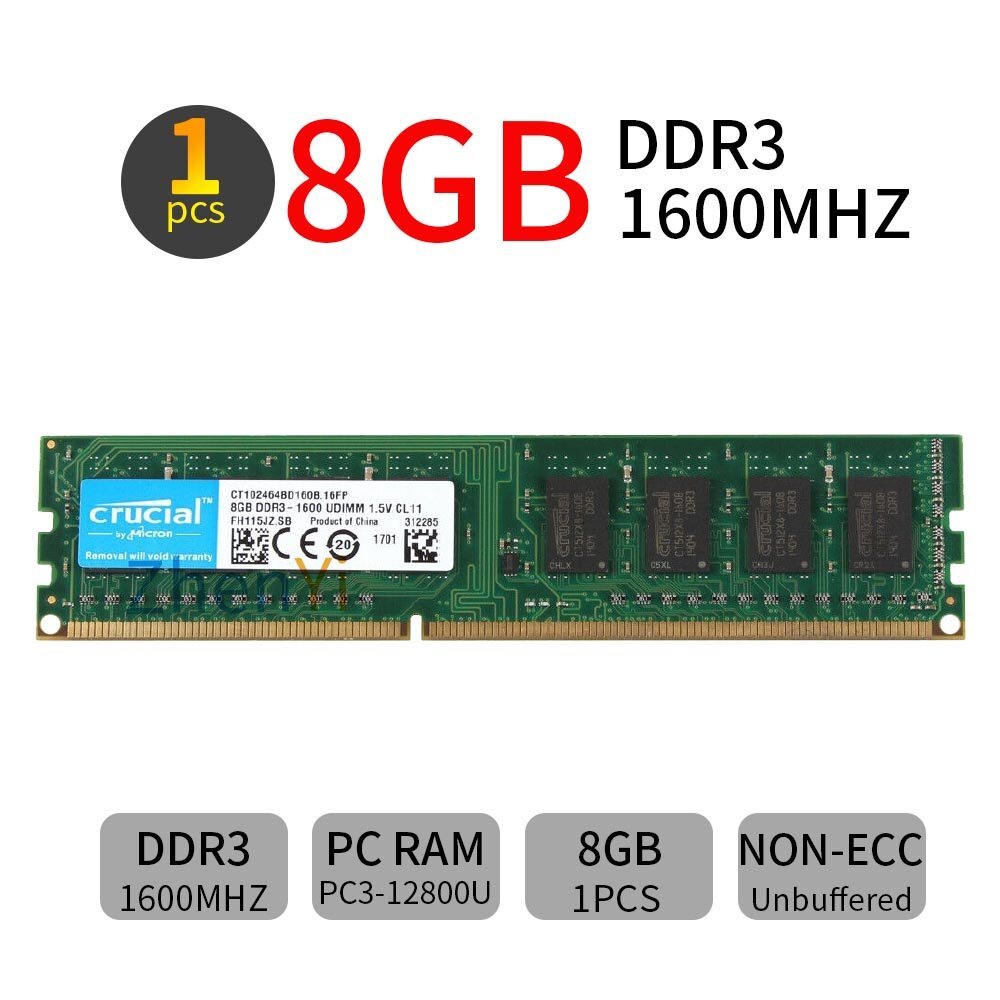 16GB 8GB 4GB 1600MHz DDR3 PC3-12800U 240Pin DIMM Desktop Memory RAM Crucial LOT