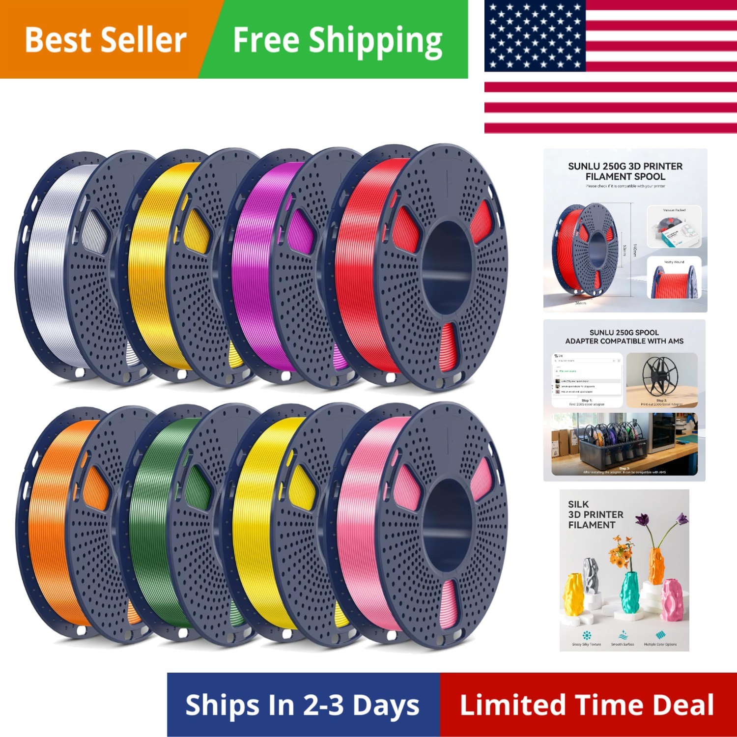 SUNLU PLA 3D Printer Filament Bundle 1.75mm 8 Pack 2kg Total Vacuum Sealed