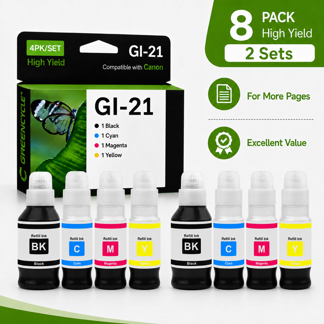GREENCYCLE 8-Pack GI-21 GI21 Ink Tank Refill Bottles for Canon G1220 G3270 G2270