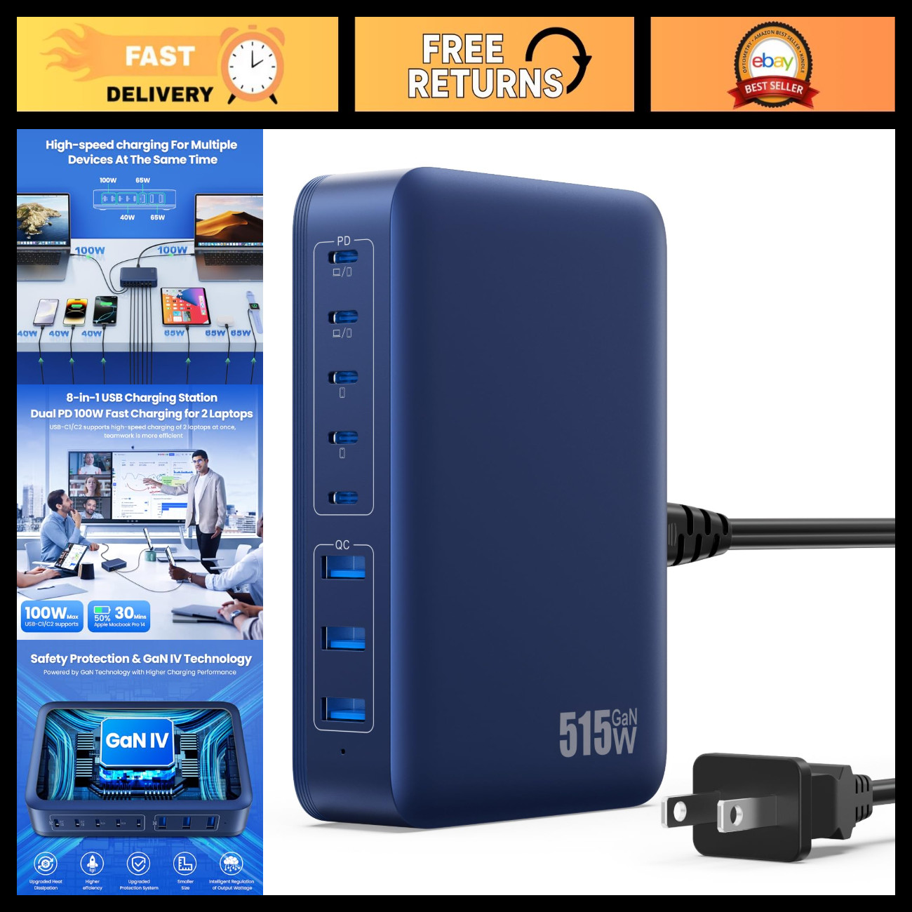 8-Port USB C Charger Block 515W GaN Fast Charging Station, Dual PD 100W for Lapt