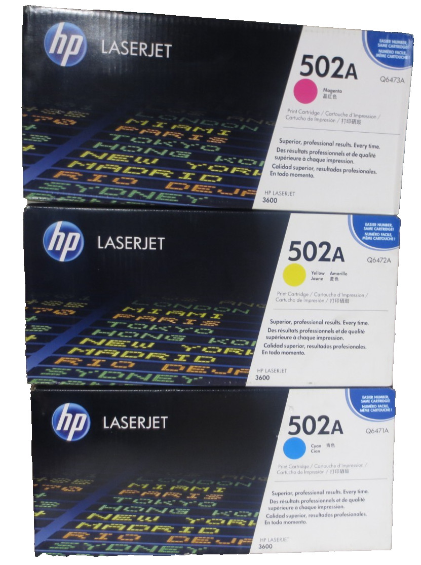 LOTS 3 HP Genuine 502A Toner Cartridges Yellow Cyan Magenta Q6472A Q6471A Q6473A