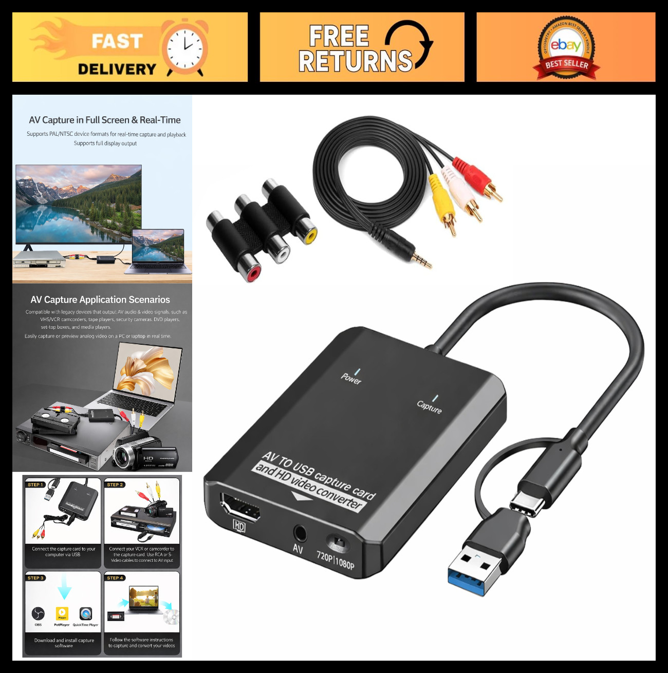 VHS to Digital Converter - 2-in-1 RCA to HDMI & USB Video Capture Card, AV to HD