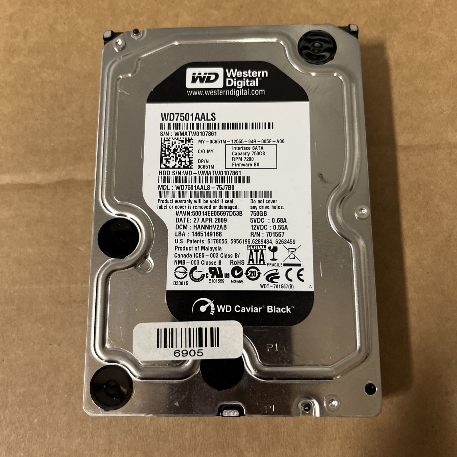 WD Black WD7501AALS-75J7B0 750GB SATA II 3.5 in Hard Drive C651M HANNHV2AB FW:B0