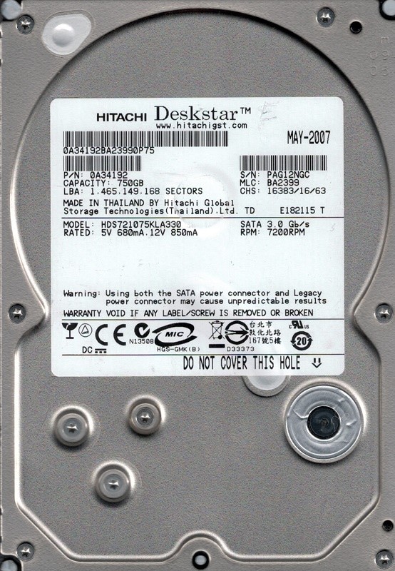 Hitachi HDS721075KLA330 P/N: 0A34192 MLC: BA2399 750GB