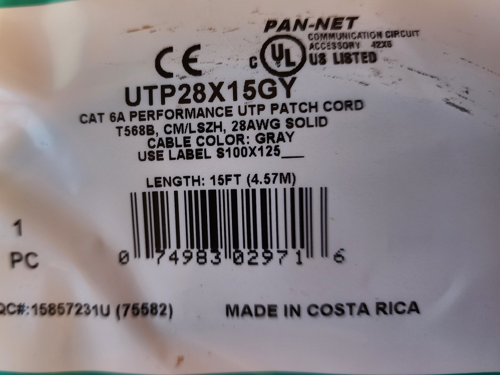 Panduit UTP28X15GY Cat6a 28awg Network Patch Cable, 15 Ft Gray ~STSI