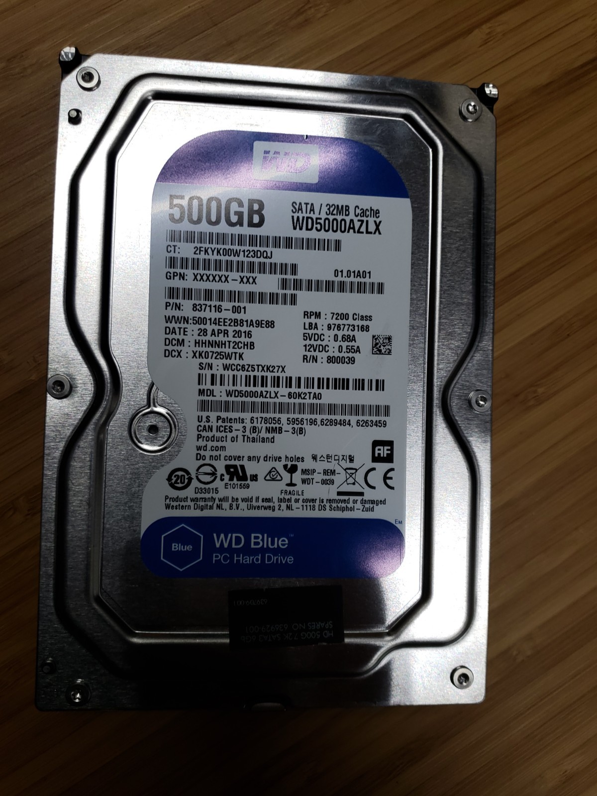 Western Digital 500GB,Internal,7200 RPM,3.5inch (WD5000AAKX) Hard Drive