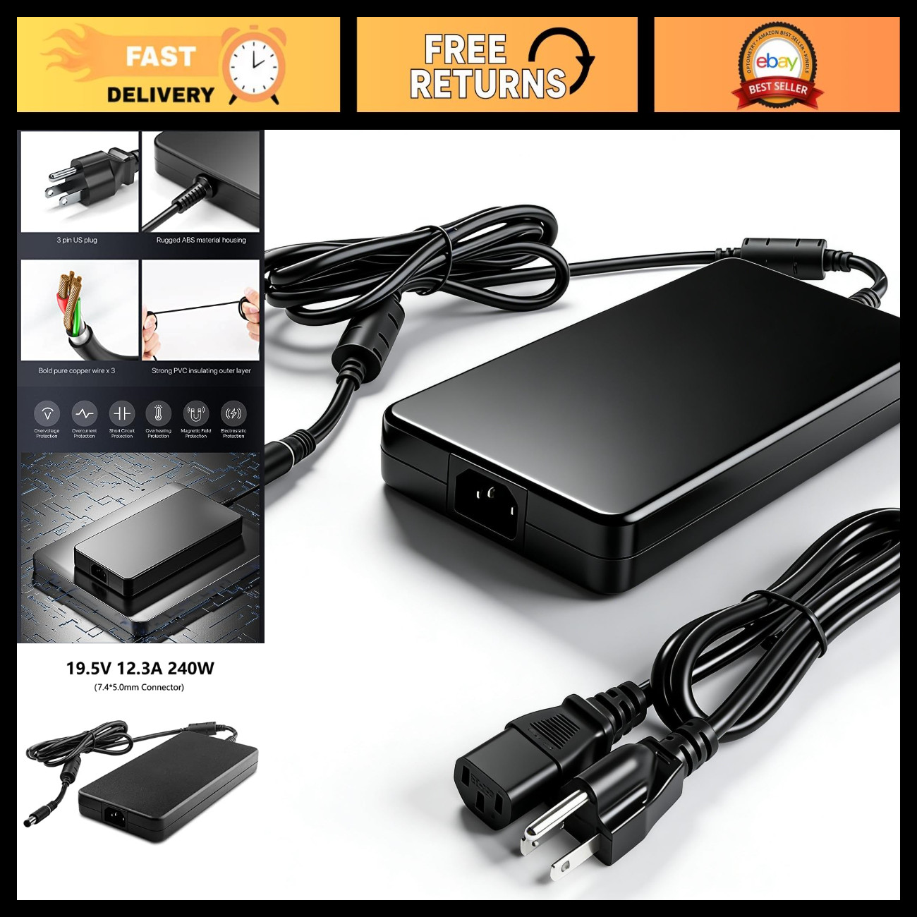 240W AC Charger for Dell G3 G5 G7 G15 Gaming Laptop - High Power, Fast Charging