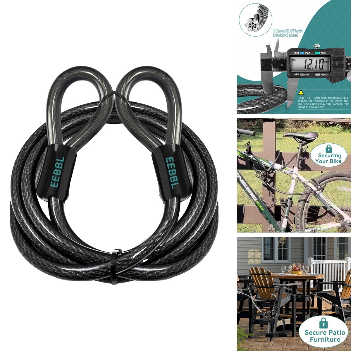 EEBBL 30 FT Security Cable Black Galvanized Braided Steel PVC-Coated