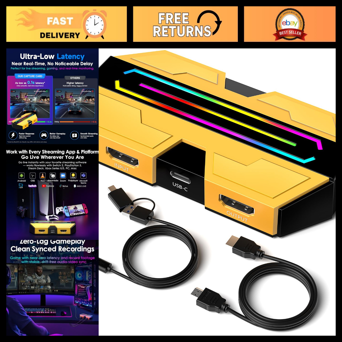 4K HDMI Video Capture Card for Streaming, 60Hz 1440P 144Hz, USB-C, PS5, Xbox, OB