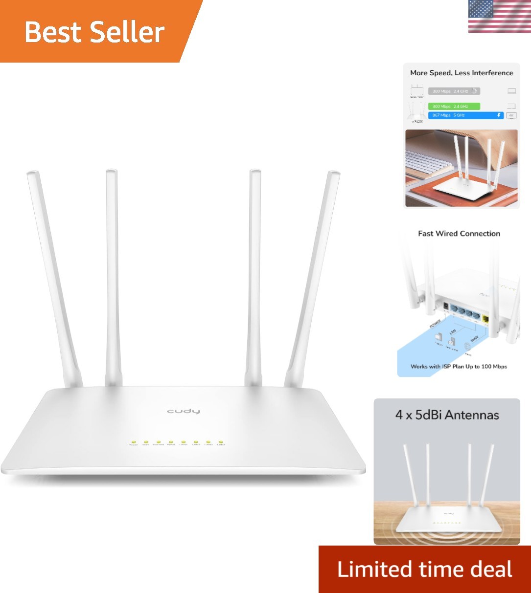 Fast AC1200 Router with 5 Ports, App Control, and Advanced Security Features