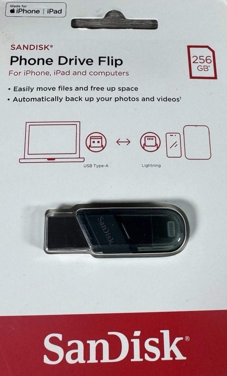 SanDisk Phone Drive Flip 256GB Two In One USB A Apple iPhone LIGHTNING