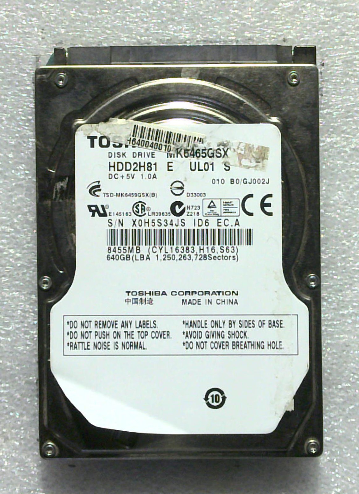 Toshiba - MK6465GSX - 640GB - HDD2H81 E UL01 S - SN: X0H5S34JS