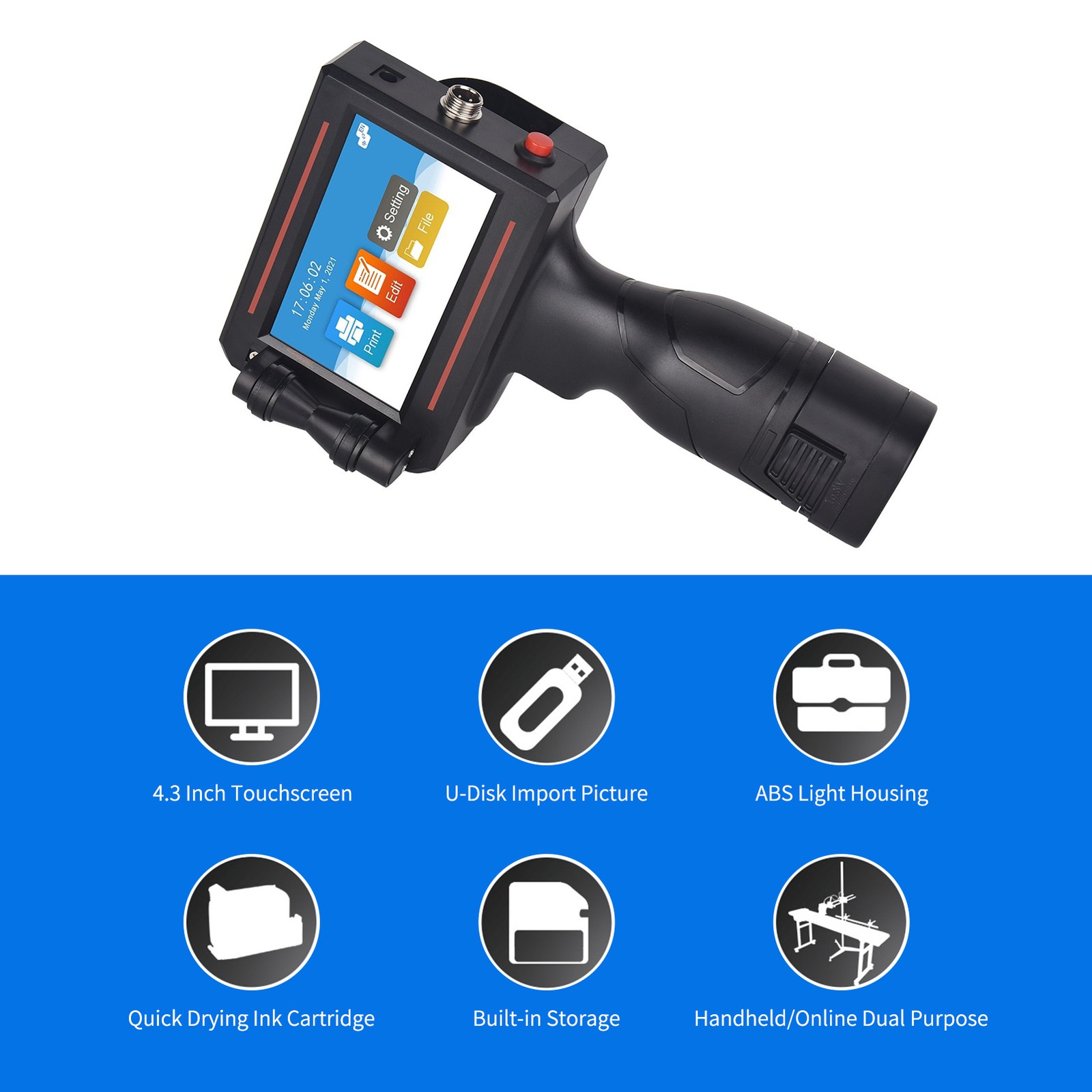 Handheld Portable Inkjet Printer 43 Inch Touchscreen Quick Dry Ink For Label