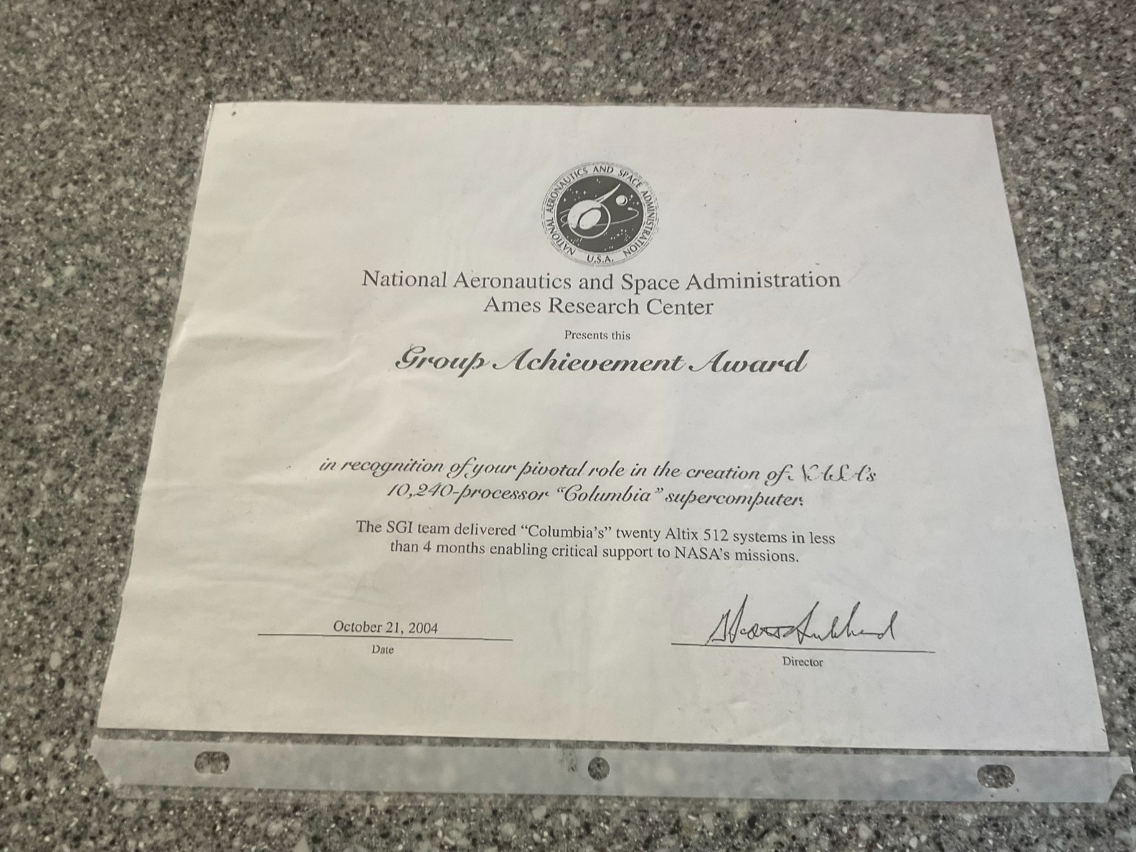 Silicon Graphics NASA Group Achievement award