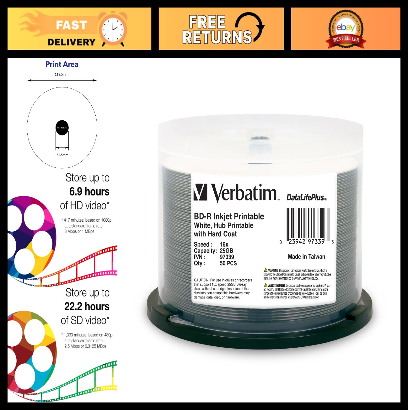 25GB Blu-ray BD-R Discs 16X Printable Hub - 50 Pack Spindle - Data Storage Media