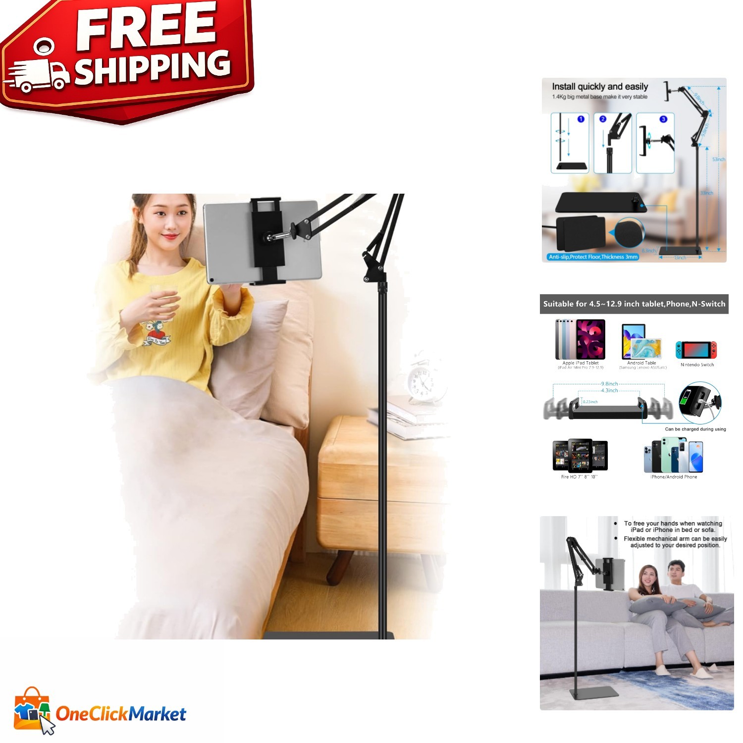 360-Degree Rotatable Tablet Floor Stand: Adjustable Holder for 4.7-12.9 Inch ...