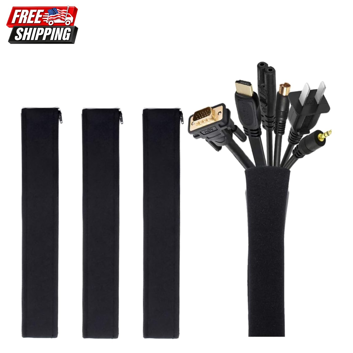 Modern Cord Organizer System - 19-20 Inch Black Cable Sleeve Set (4 pcs)