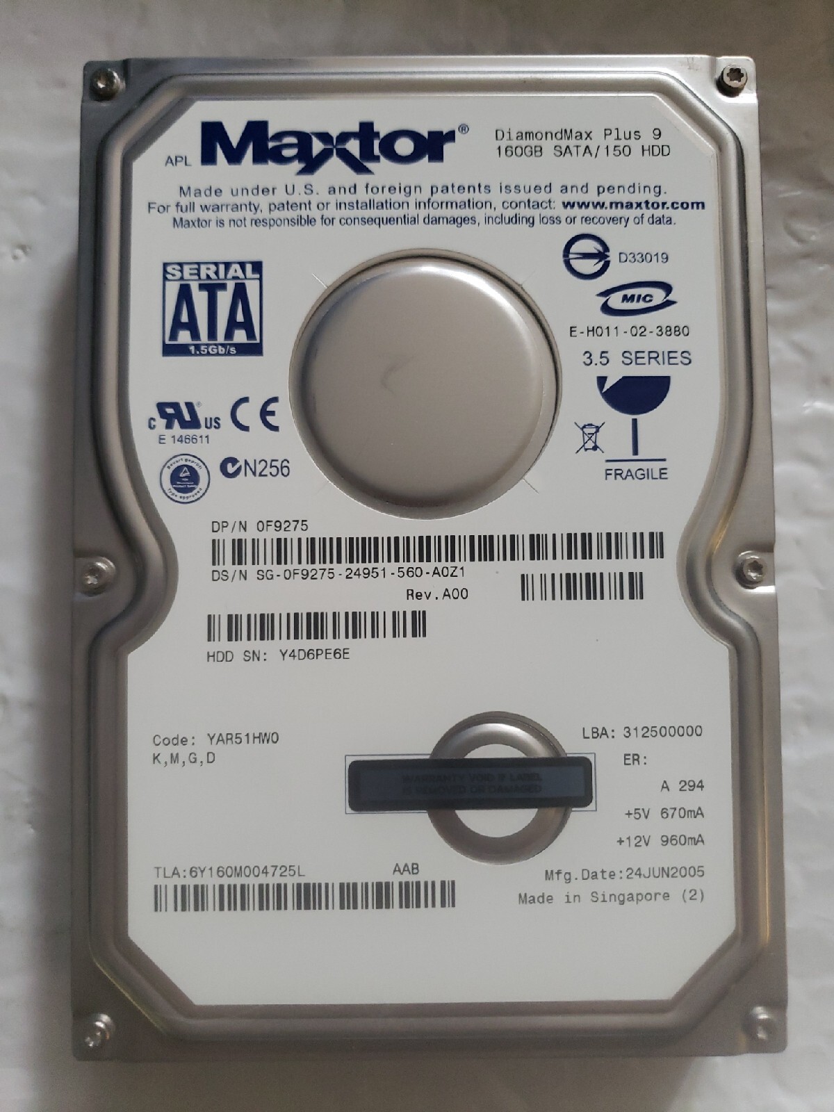 Maxtor DiamondMax 160GB 3.5" SATA HDD 0F9275, wiped, cleaned, formatted, tested