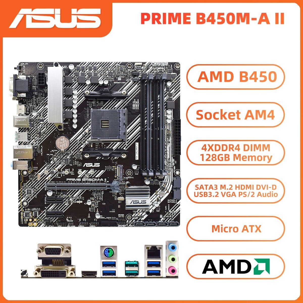 ASUS PRIME B450M-A II Motherboard M-ATX AMD B450 AM4 DDR4 SATA3 HDMI DVI-D VGA