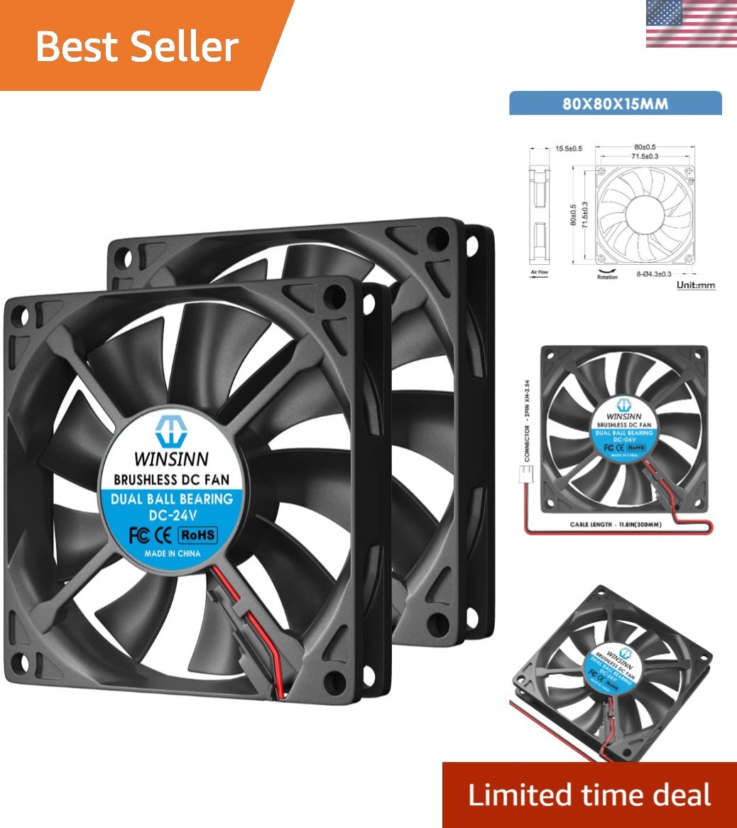 Whisper-Quiet 80mm Dual Ball Bearing Cooling Fan 24V - Pack of 2 for Desktop
