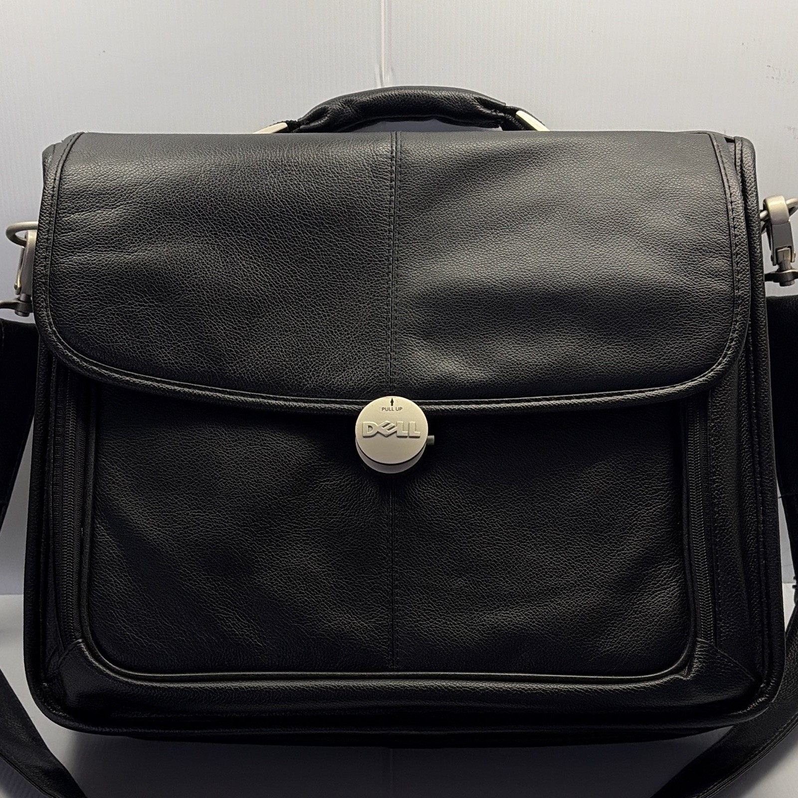 Dell Deluxe Black Leather Laptop Carrying Bag Vintage Briefcase 16x13x4 inches
