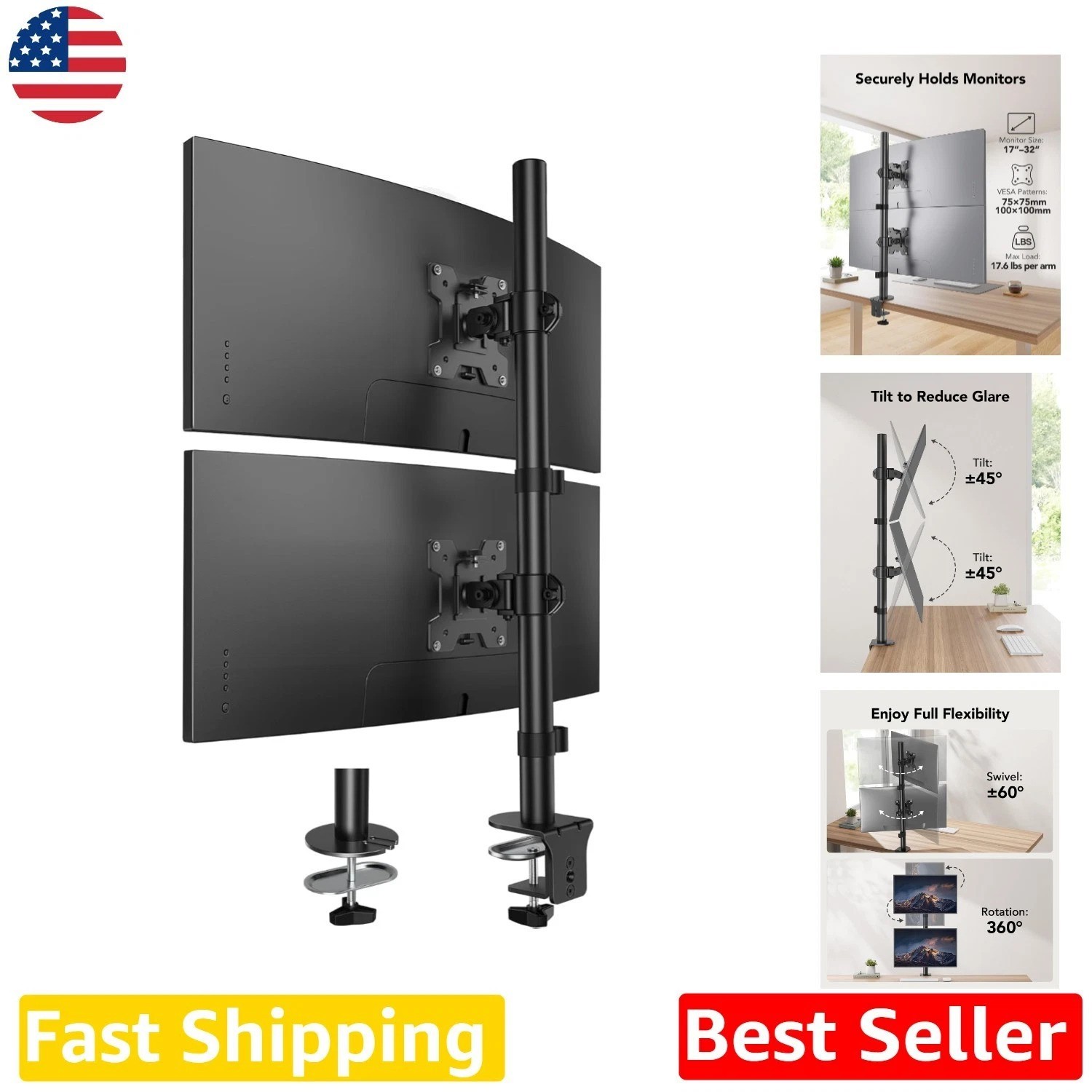 Ergonomic Dual Monitor Stand | Stacked 17-32" Aluminum | Full Articulation Black