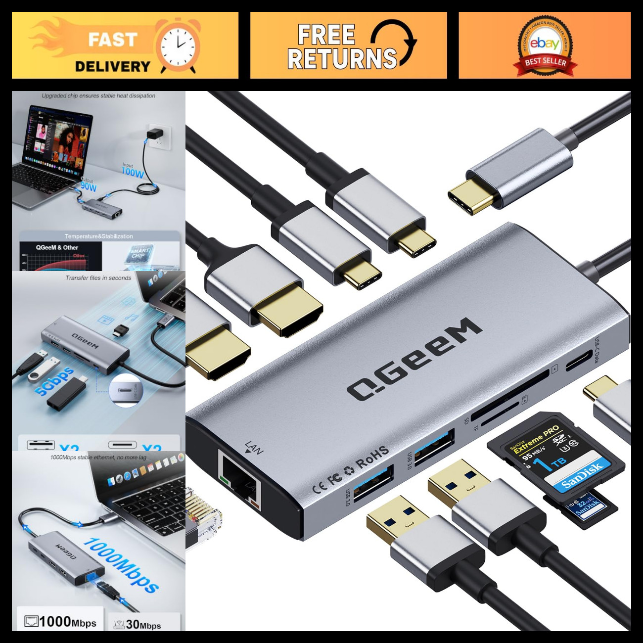 10-in-1 USB C Docking Station, Dual Monitor Hub with 2 HDMI Ports, Fast Data Tra