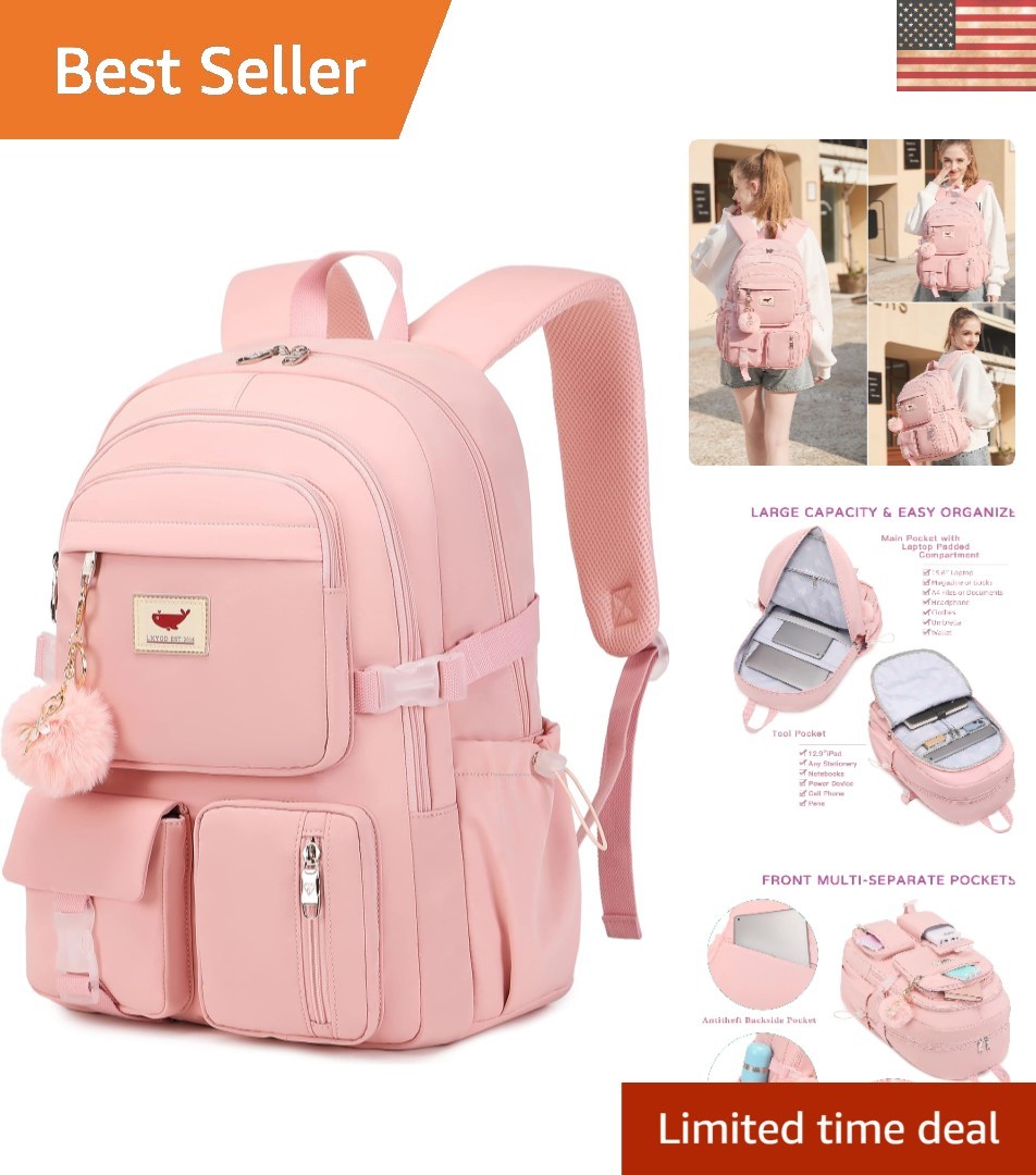 Fashion-Forward 15.6 Inch Pink Laptop Backpack with Card Pocket & Pendant