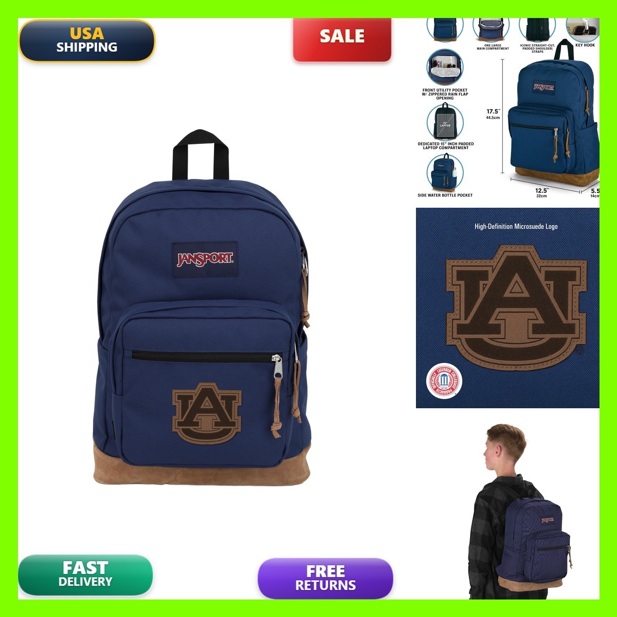 Jansport Ncaa Officially Licensed Backpack Auburn Tigers Right Pack Padded