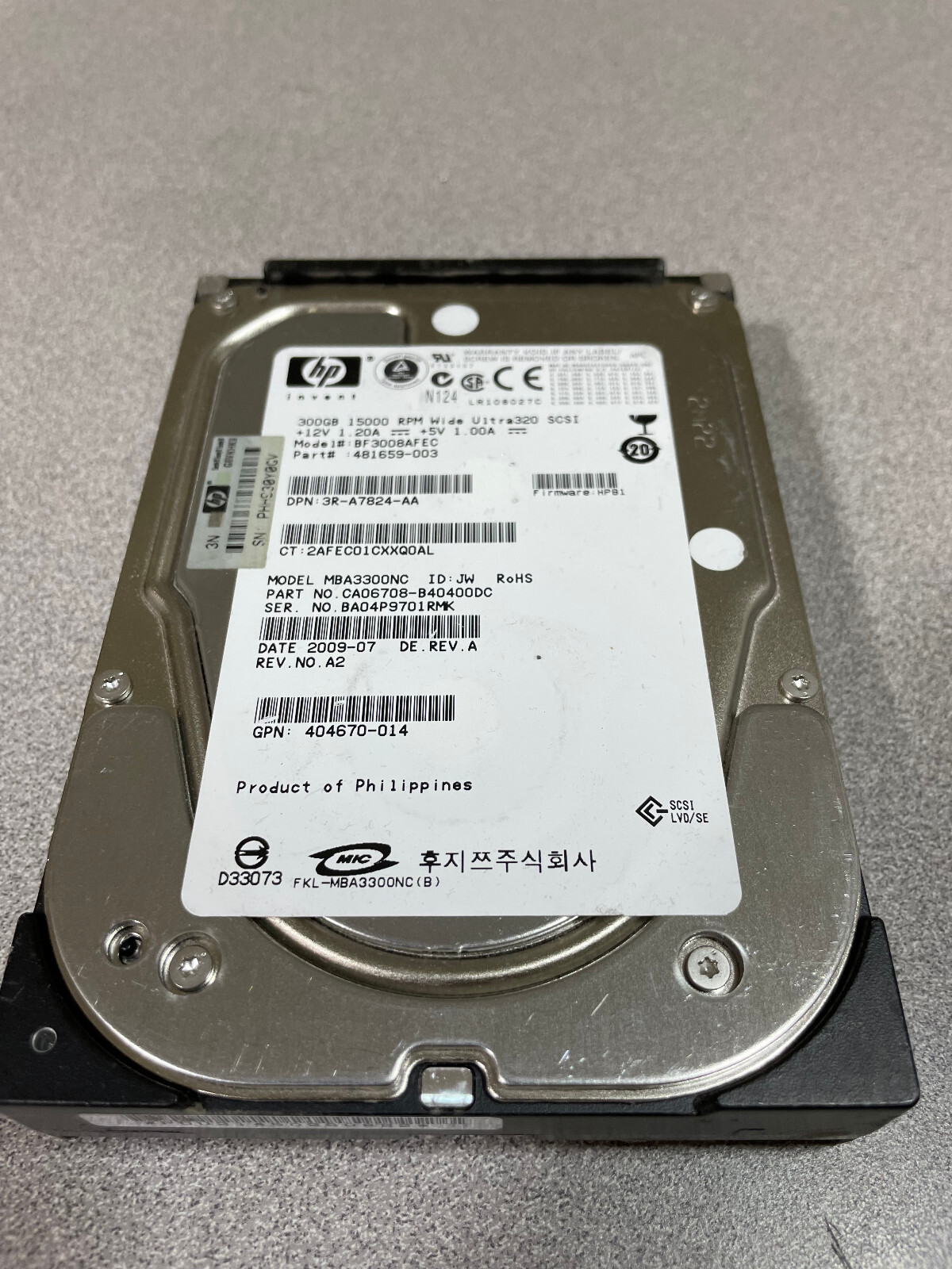 HP / Fujitsu MBA3300NC 481659-003 300GB 15k SCSI LVD 80-pin disk drive