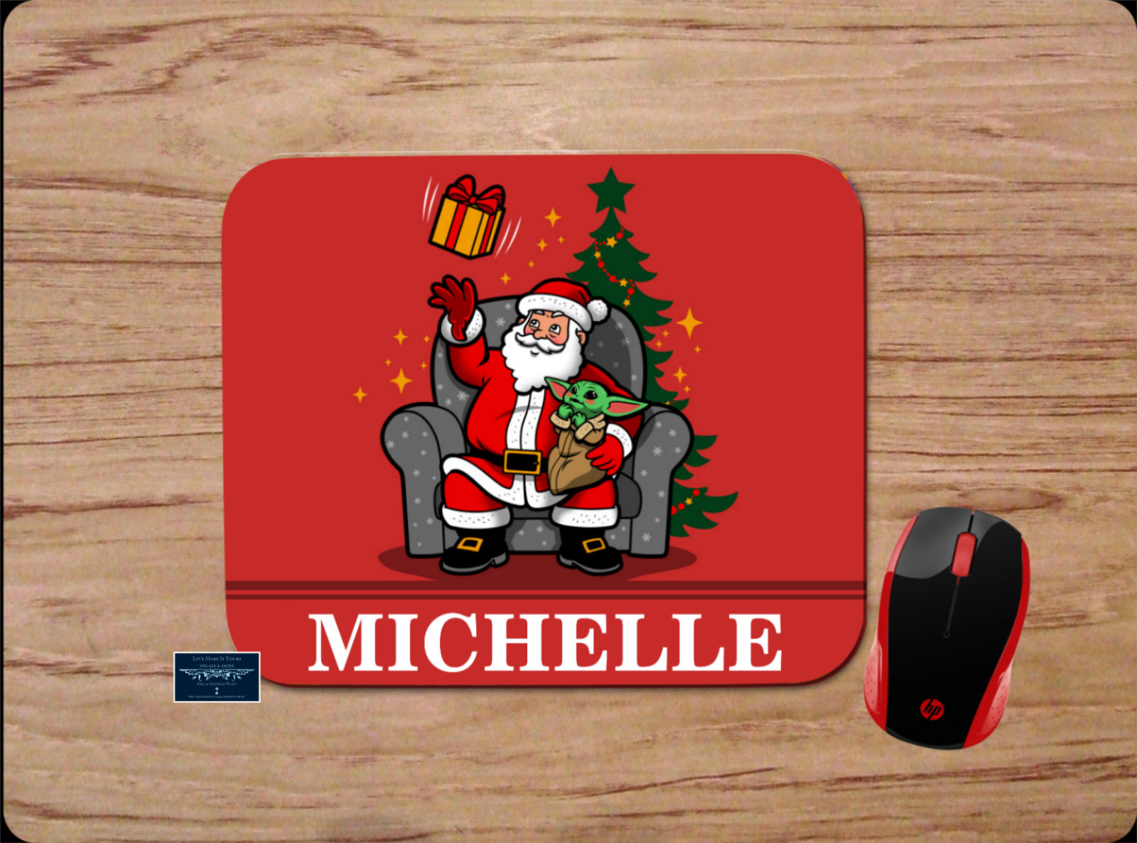 GROGU & SANTA CHRISTMAS HOLIDAY THEME MOUSEPAD DESK MAT PERSONALIZED W/ NAME