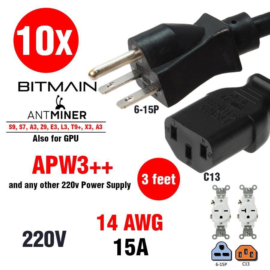 10 Units of Bitmain Antminer Power cable cord Heavy Duty (3FT) 14 AWG NEMA 6-15P