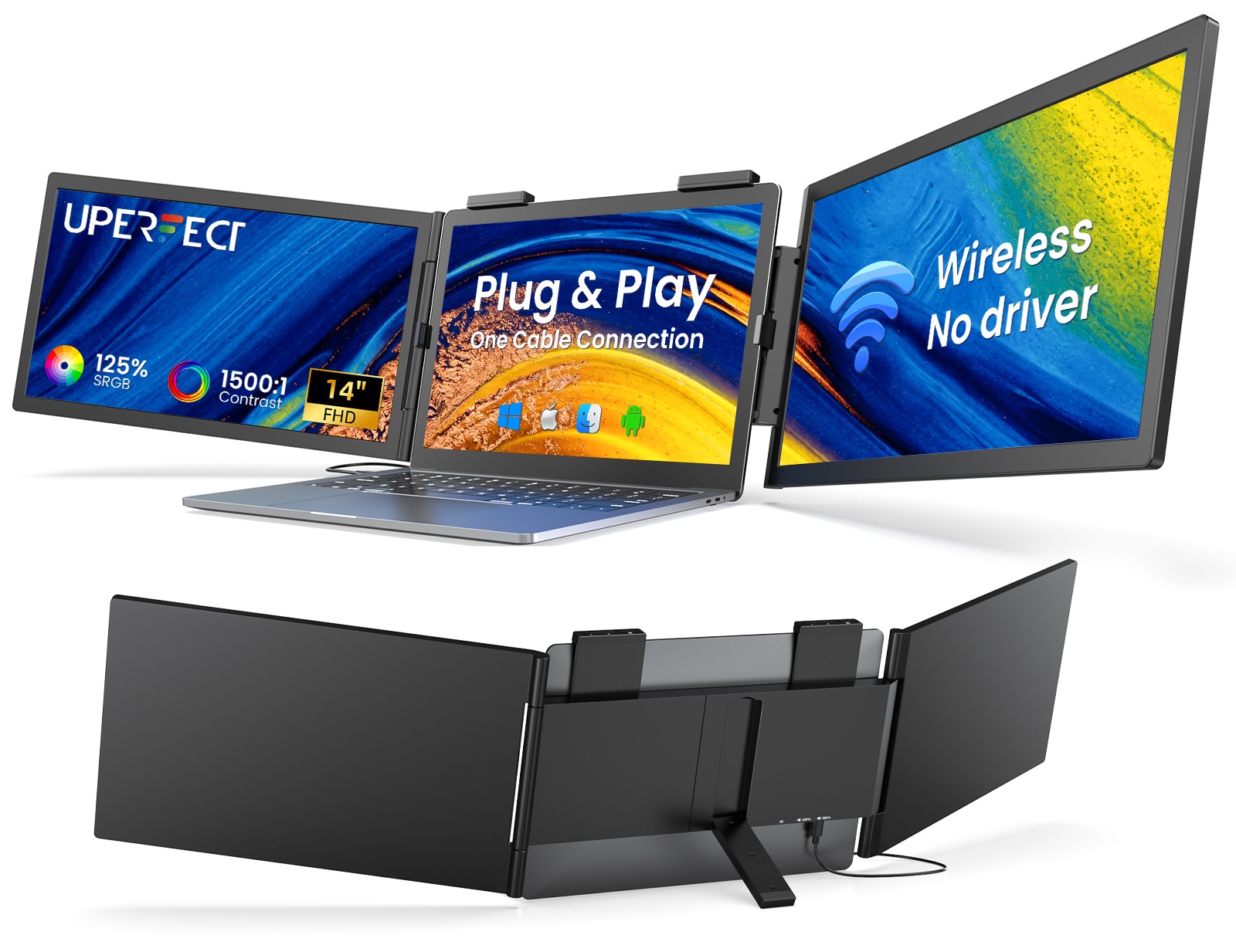 14'' Wireless Triple Portable Monitor Laptop Screen Extender One Cable Plug-Play