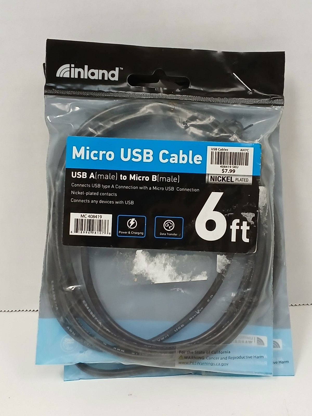 Set of 3 Inland USB-A To Micro B Cables Nickle Plated, 6ft