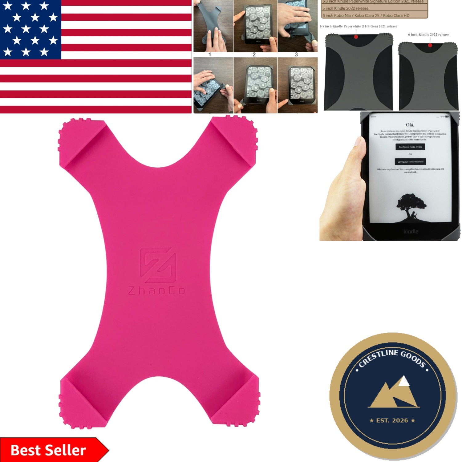 Soft Anti-Slip Silicone Finger Grip for 6-7'' Kindle Paperwhite & Kobo - Fuchsia