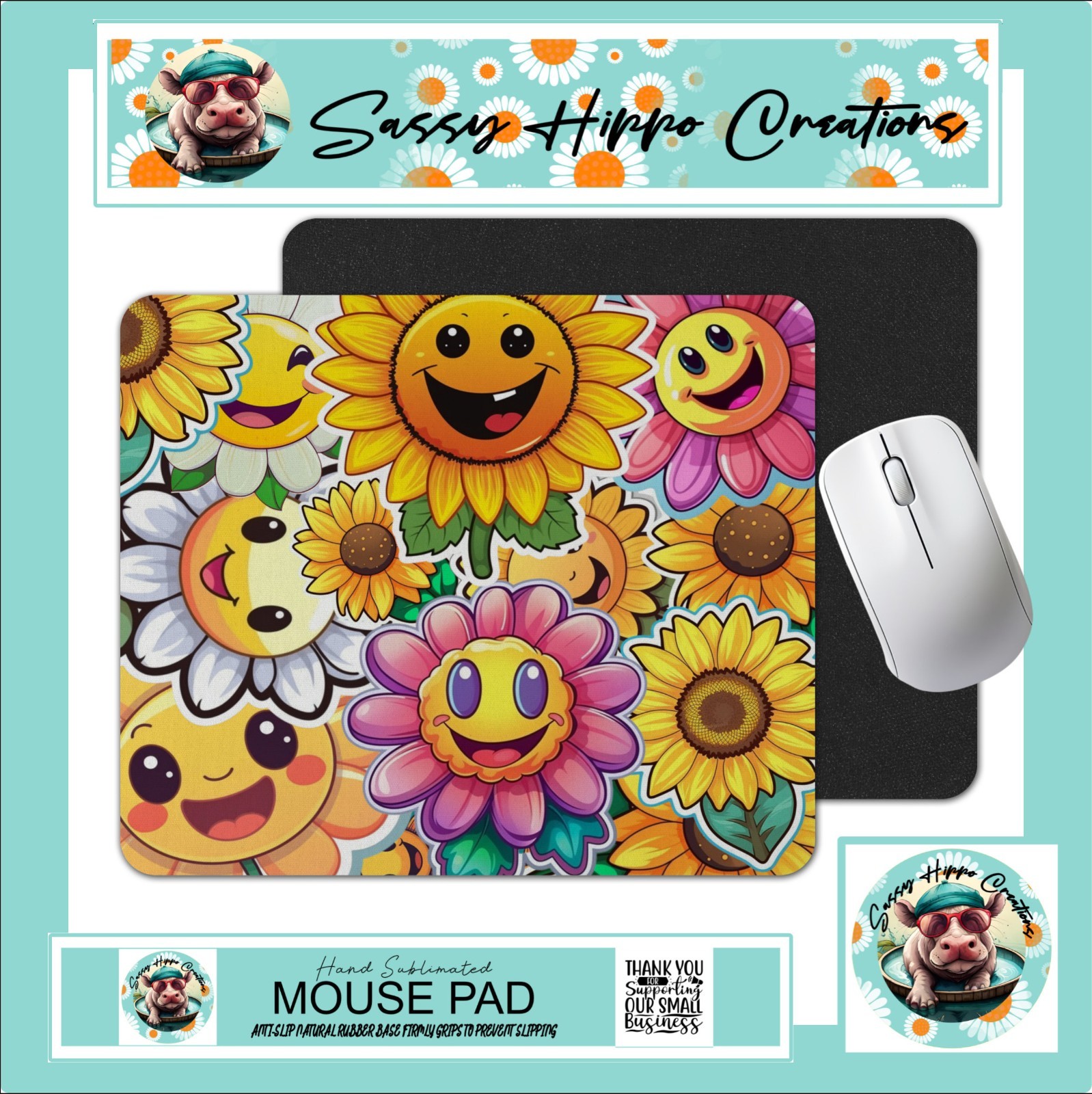 Mouse Pad Smiley Face Flowers Groovy Retro Sunflowers Anti Slip Easy Clean