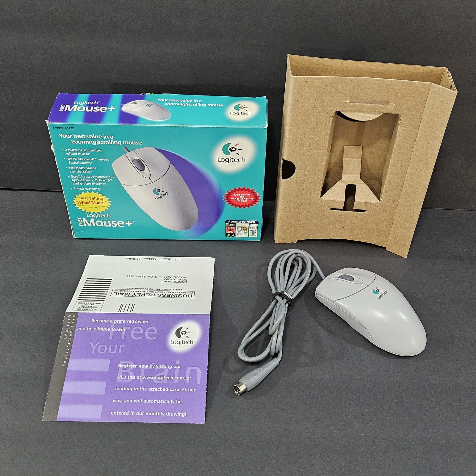 Vintage Logitech Mouse+ M-C48 PS/2 Boxed Windows 95 Scroll Wheel Mouse Complete