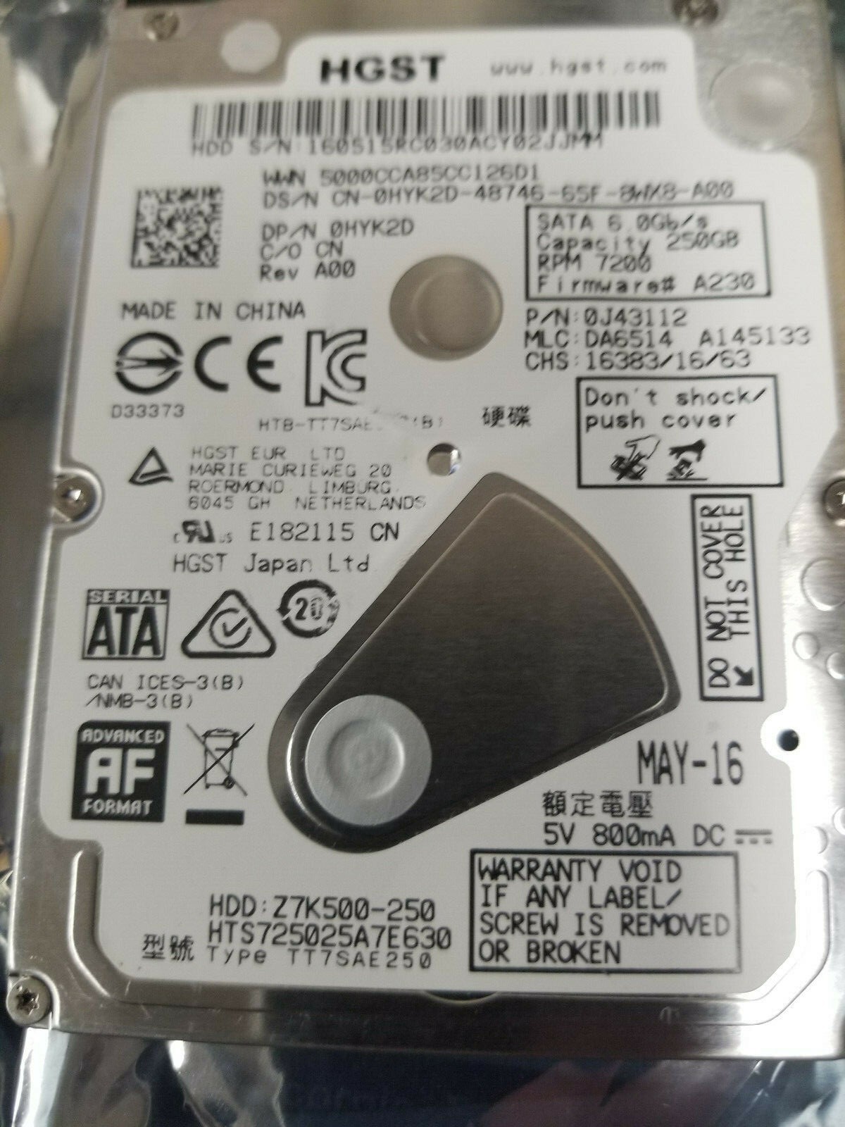 Hitachi HTS725025A7E630 MLC DA6514 PN 0J43112 250GB 2.5" HD