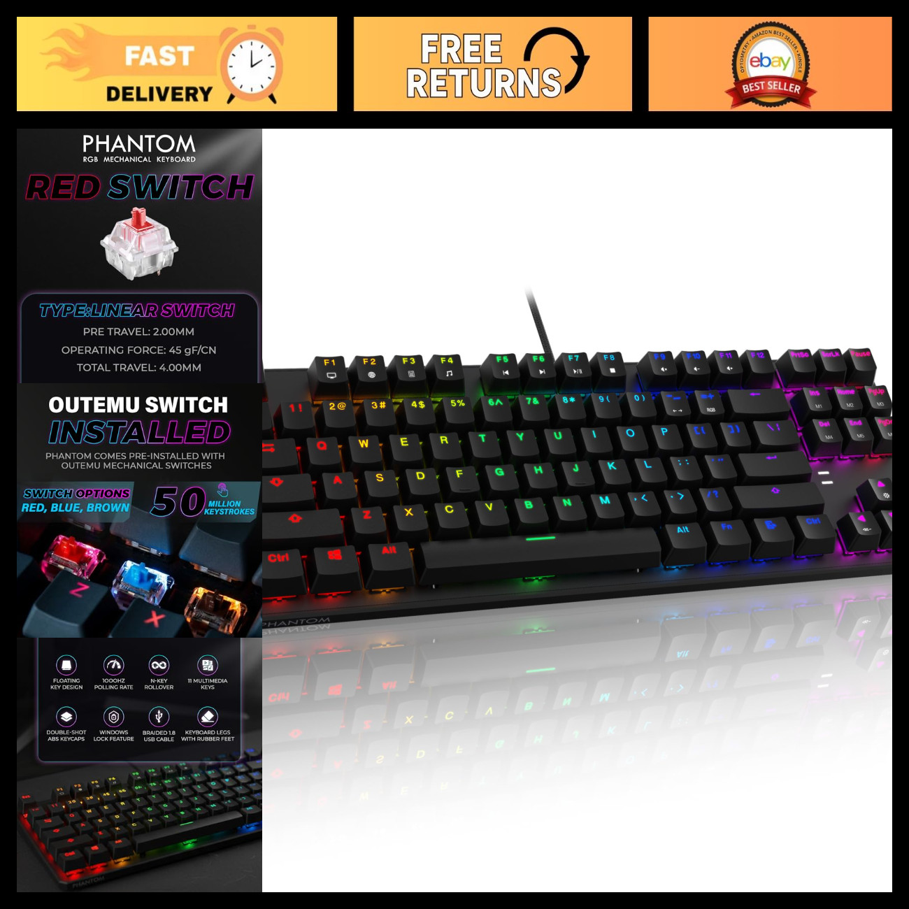 RGB Mechanical Gaming Keyboard 87 Keys, Outemu Red Switch, 16.8M Colors, N-Key R