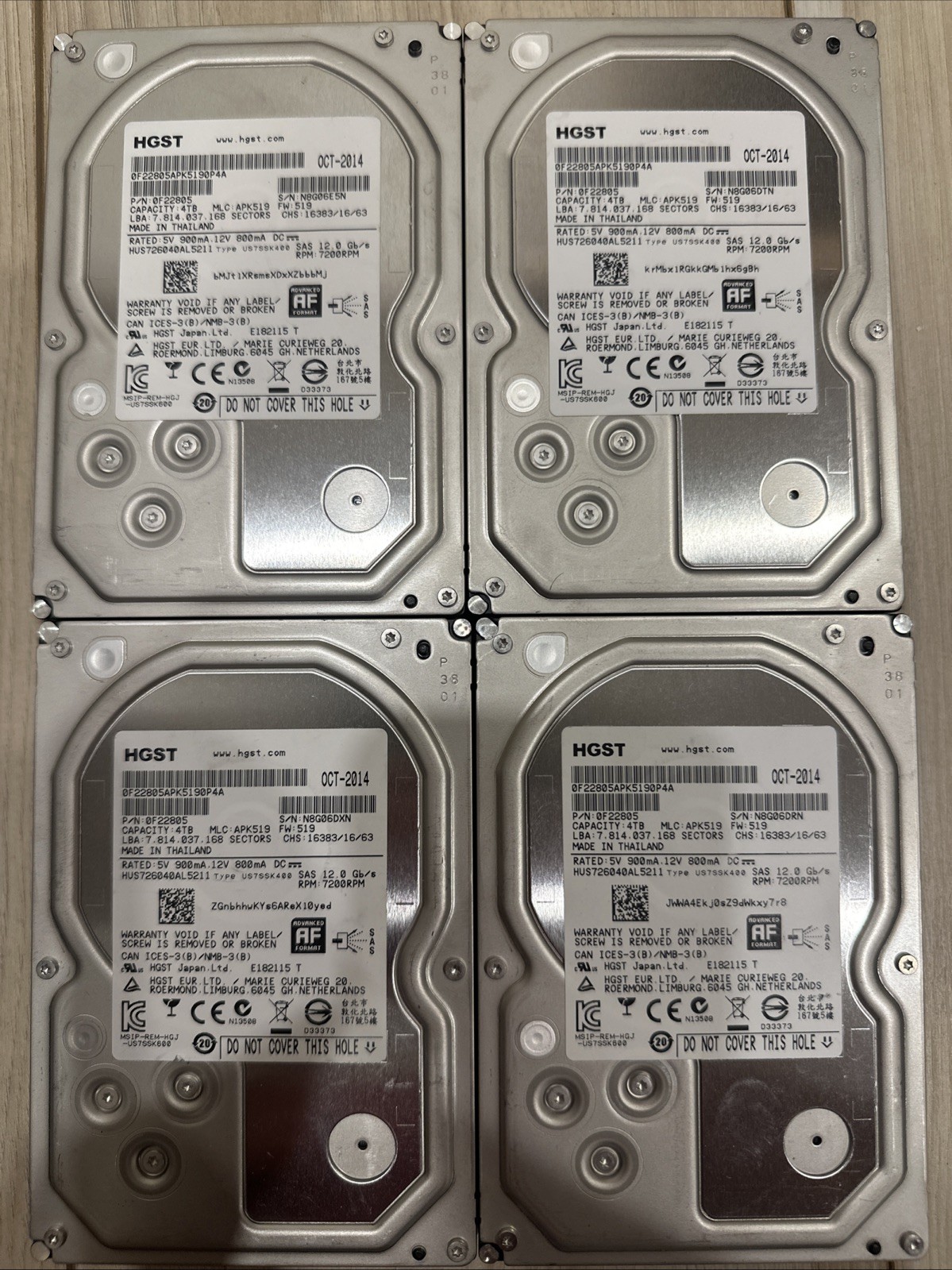Lot of 4 HGST Ultrastar 4TB SAS 12Gb/s HUS726040AL5211 512e - ONLY 7-9 HOURS