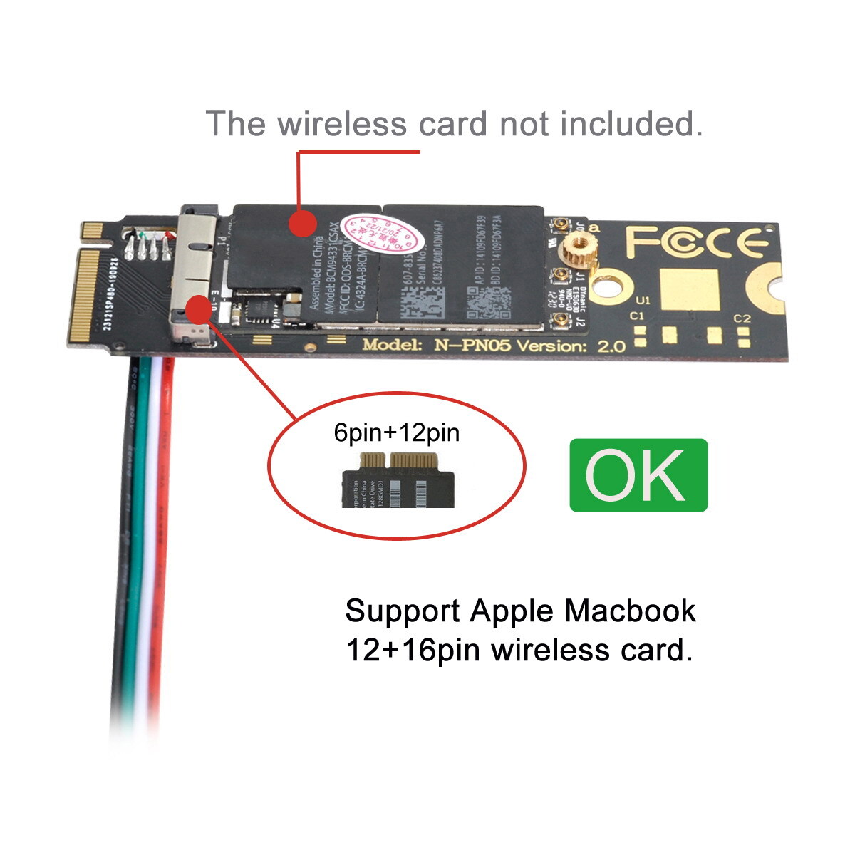 Cablecy  BCM94360CD BCM94360CS BCM943602CS BCM94360CS2 WiFi Card to M.2 Key-M